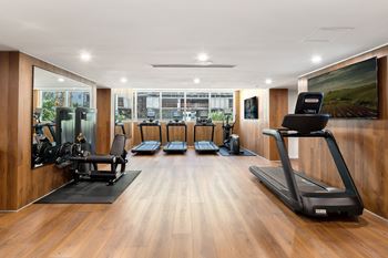 A gym with treadmills, exercise bikes, and other equipment.